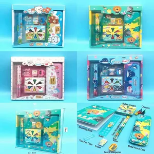 Detailed view of kids stationery set with pencils, sharpener, eraser and crayons box