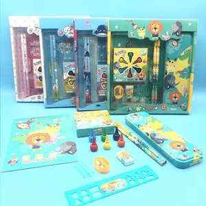 Cartoon Kids Stationery Gift Box With Tin Pencil Case Wooden Pencils Crayons Ruler Eraser Sharpener And Painting Book