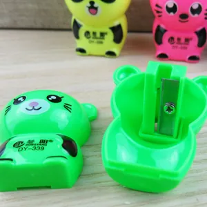 Cartoon panda bear pencil sharpener DY-339 in bright green, yellow, and pink colors