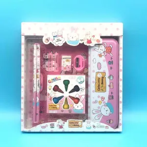 Pink bunny cartoon stationery gift set including pencils and oil pastels for kids