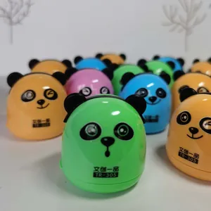 Detail of cute panda cartoon pencil sharpener with various colors and smooth plastic texture