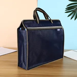 Waterproof navy Oxford document bag with quilted texture and striped handles for office use
