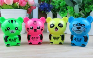 Row of four colorful cartoon animal pencil sharpeners in green pink yellow and blue
