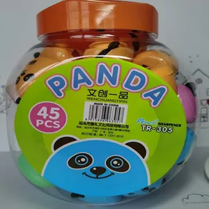 Bulk pack of 45 colorful panda-shaped pencil sharpeners in a clear storage jar