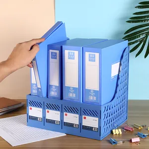 Blue 4-compartment PP desktop file organizer rack with four matching A4 archive boxes