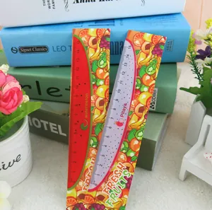 Close-up of 15cm plastic rulers featuring creative watermelon and dragon fruit designs