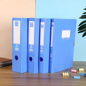 Close-up of blue A4 PP file storage box featuring metal finger pull and spine labels