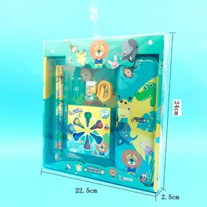 Detail view of cartoon kids stationery set with pencils, crayons, and tin case 24x22.5cm