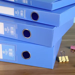 Blue PP plastic file storage boxes set with label slots and metal thumb rings on desk