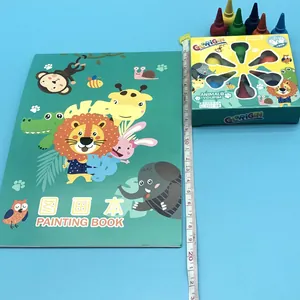 Detail view of cartoon animal painting book and 6-color finger paint set with scale