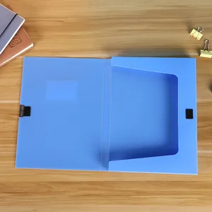 Blue translucent PP document box with velcro closure on a wooden desk top view