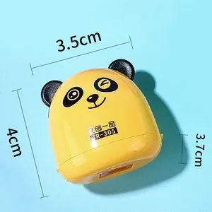 Compact yellow cartoon panda pencil sharpener for kids, measuring 3.5cm by 4cm by 3.7cm