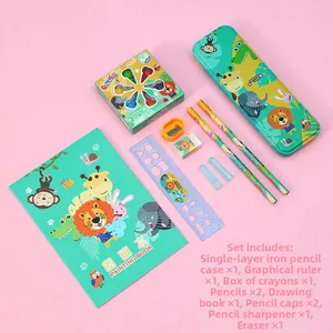 Cartoon animal stationery set detail featuring tin pencil case, crayons, and notebooks