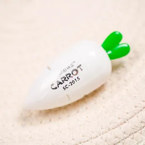 Macro shot of carrot-shaped stationery sharpener featuring smooth cream body and green leaf top