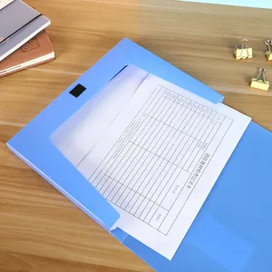 Blue PP file folder with velcro closure and transparent window on a wooden desk