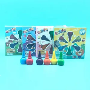 Macro detail of 6-color stackable non-toxic crayons for children in various animal themes