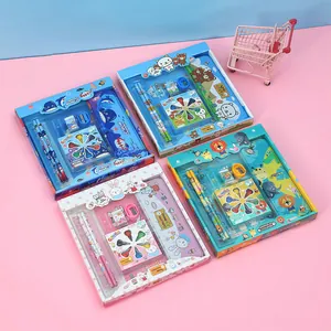 Various themed cartoon stationery sets with pencils and crayons in gift boxes