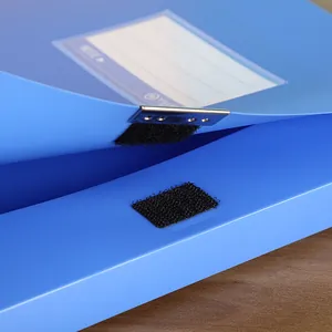 Blue PP plastic document storage box with durable metal reinforced edges and velcro closure