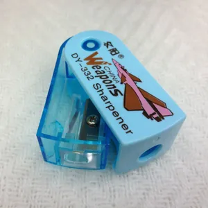 Manual pencil sharpener featuring a blue jet fighter design and compact single hole structure
