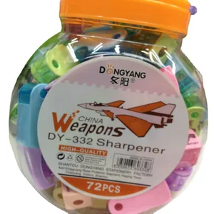 Jar of 72 colorful mini manual pencil sharpeners with a portable orange handle