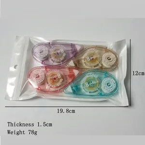 Detailed view of four colorful 8m double-sided adhesive rollers in a clear PVC storage pouch