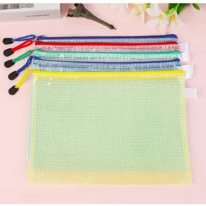 Set of five colorful A4 mesh zipper file bags in blue red green navy and yellow