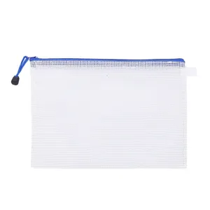 Transparent A4 mesh document bag with blue zipper for office supply storage
