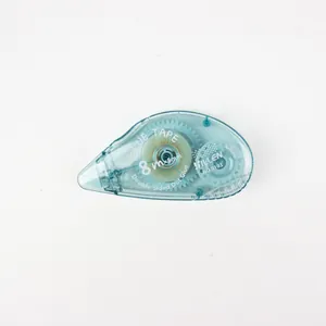 Close-up of blue translucent glue tape roller showing internal gears and 8m x 8mm specs