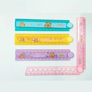 Detail view of 30cm folding plastic rulers with capybara theme and geometric stencils