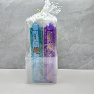 Detail view of cartoon Capybara 30cm folding rulers in blue and purple packaging
