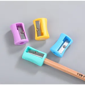Set of four colorful single-hole plastic pencil sharpeners with anti-slip grip and steel blade