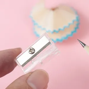 Macro shot of a transparent manual pencil sharpener with single hole and metal blade detail