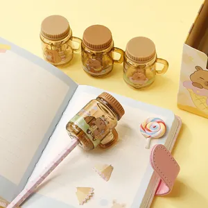 Mini Capybara milk tea cup pencil sharpener with cute cartoon illustration on yellow background