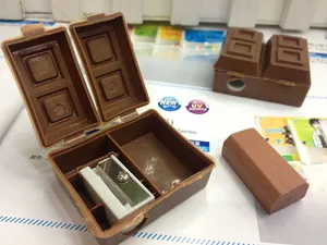 Detail view of chocolate-shaped pencil sharpener and eraser stationery set for students