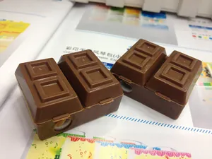 Detail of chocolate-shaped pencil sharpener showing the circular sharpening hole