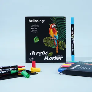 Close-up of 36-color dual-tip acrylic marker set with a black parrot storage bag