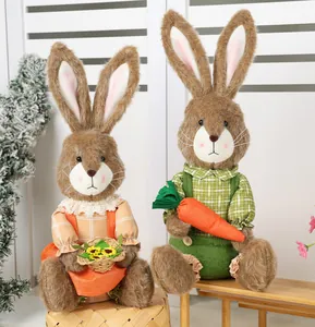 Detailed plush bunnies set with floral dress and carrot for Easter home decoration