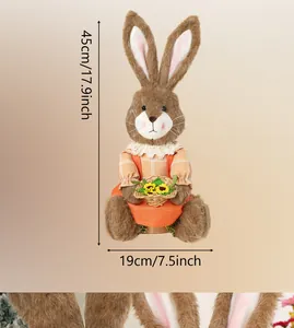 Easter rabbit figurine in orange plaid outfit holding a sunflower basket, 45cm height