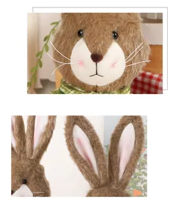 Close-up of plush Easter bunny face with embroidered nose and green checkered neck bow
