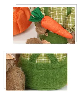 Detail of Easter plush bunny wearing green plaid shirt and holding an orange carrot
