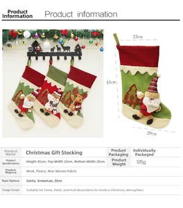 Detailed size chart for Christmas stockings featuring Santa, Snowman and Reindeer styles