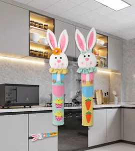Close-up of Easter rabbit handle covers for refrigerators with carrot and floral patterns