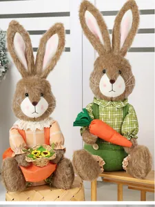 Close-up of Easter plush bunny set with sunflower basket and carrot in farmhouse style