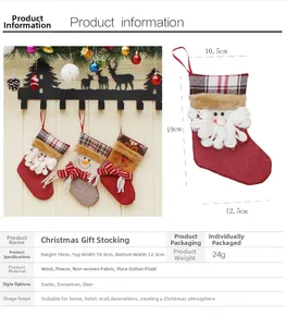 Detailed size chart for 19cm Christmas stockings with Santa, snowman and elk motifs