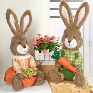 Rustic Easter bunny plush doll set with checkered outfits and carrot basket decorations