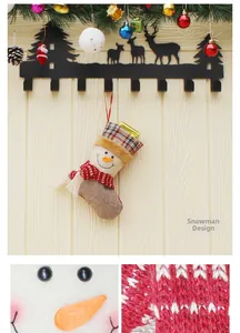Macro details of stitched snowman face and knit scarf texture on Christmas stocking