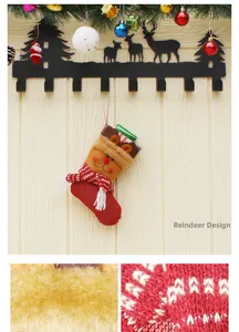 Macro detail of reindeer Christmas stocking with faux fur trim and knitted scarf