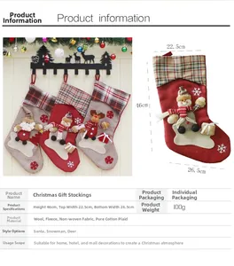 Detailed size specifications for large 46cm Christmas stockings featuring holiday designs