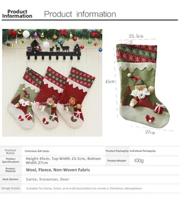 Tabla de tallas para calcetines navideños de 45cm con Papá Noel, muñeco de nieve y reno