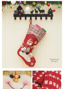 Detail of red burlap Christmas stocking featuring a 3D snowman with plaid fabric cuff